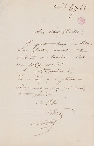 Lettre de Félicien Rops à Victor [Hallaux]. [Bruxelles], [1866/08]/00. Bruxelles, Bibliothèque royale de Belgique, III/215/11/49