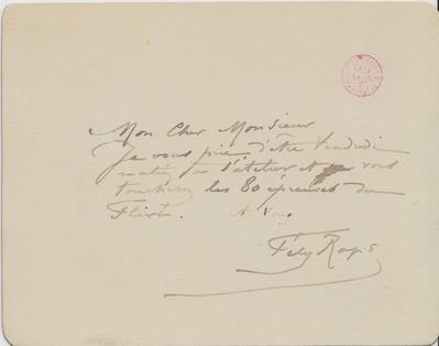 Carte de Félicien Rops à Inconnu. s.l., 0000/00/00. Bruxelles, Bibliothèque royale de Belgique, III/215/12/18