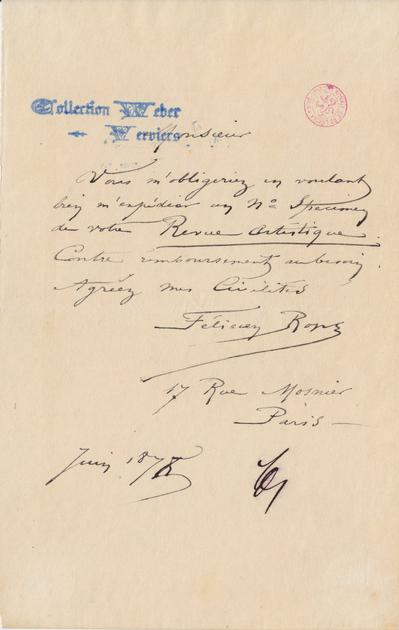 Lettre de Félicien Rops à Inconnu. Paris, 1878/06/00. Bruxelles, Bibliothèque royale de Belgique, III/215/12/20