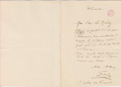 Lettre de Félicien Rops à [Arthur-Jean] Le Bailly d'Inghuem. [Bruxelles], 0000/00/00. Bruxelles, Bibliothèque royale de Belgique, III/215/12/6