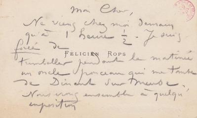 Carte de visite de Félicien Rops à Inconnu. s.l., 0000/00/00. Bruxelles, Bibliothèque royale de Belgique, III/215/3/49