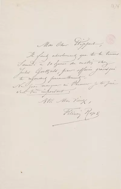 Lettre de Félicien Rops à [Théodore] Hippert. s.l., 1874/00/00. Bruxelles, Bibliothèque royale de Belgique, III/215/5/31