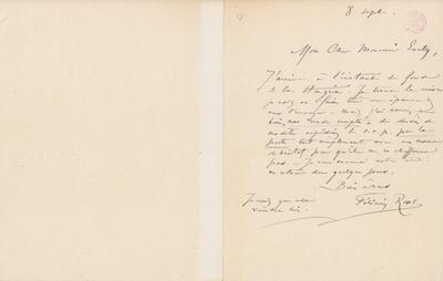 Lettre de Félicien Rops à [Léon] Evely. s.l., [1879]/09/08 et [1885]09/08. Bruxelles, Bibliothèque royale de Belgique, III/215/6/25