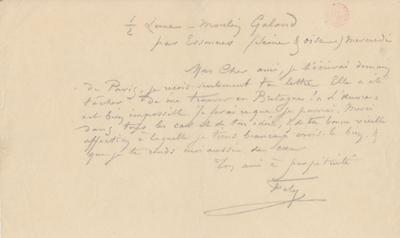 Lettre de Félicien Rops à Inconnu. Corbeil-Essonnes, 0000/00/00. Bruxelles, Bibliothèque royale de Belgique, III/215/6/37