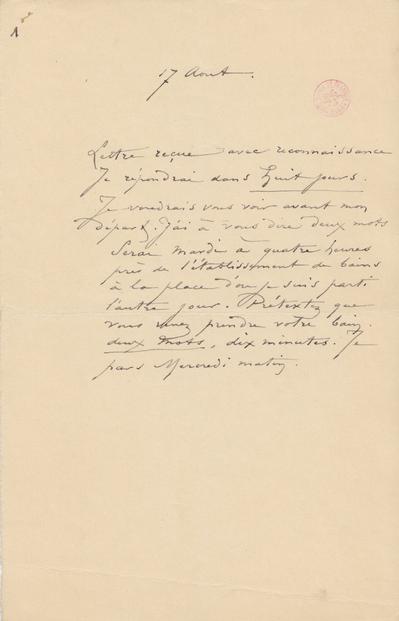 Lettre de Félicien Rops à Inconnue. s.l., 0000/08/17. Bruxelles, Bibliothèque royale de Belgique, III/215/7/5