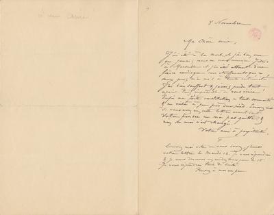 Lettre de Félicien Rops à Inconnue. s.l., 1895/11/08. Bruxelles, Bibliothèque royale de Belgique, III/215/7/7