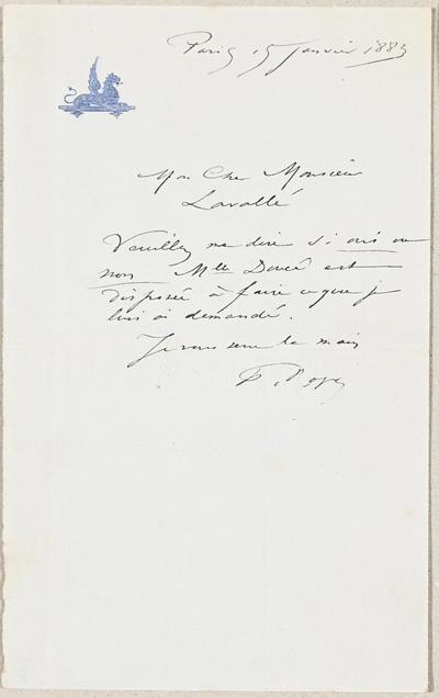 Lettre de Félicien Rops à [ ?] Lavallé, Paris, 1883/01/15. Bruxelles, Arenberg Auctions, 26 juin 2026, Arenberg2026-1065
