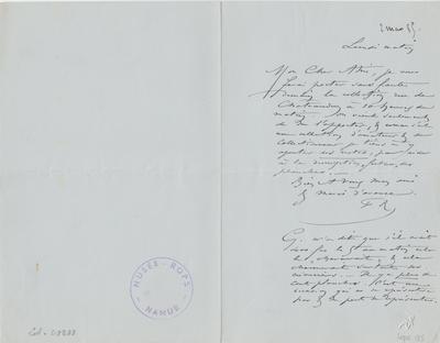 Lettre de Félicien Rops à Inconnu. s.l., 1885/03/02. Province de Namur, musée Félicien Rops, LEpr/135