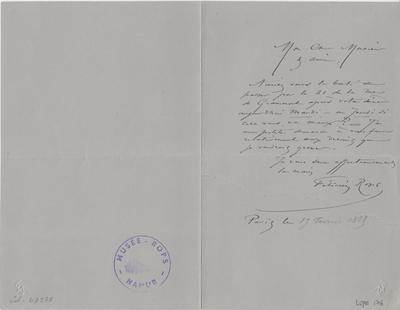 Lettre de Félicien Rops à Inconnu. [Paris], 1885/02/17. Province de Namur, musée Félicien Rops, LEpr/176