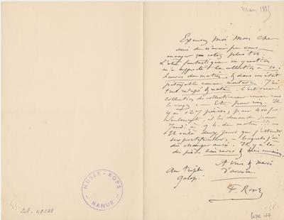 Lettre de Félicien Rops à Inconnu. s.l., 1885/03/00. Province de Namur, musée Félicien Rops, LEpr/177