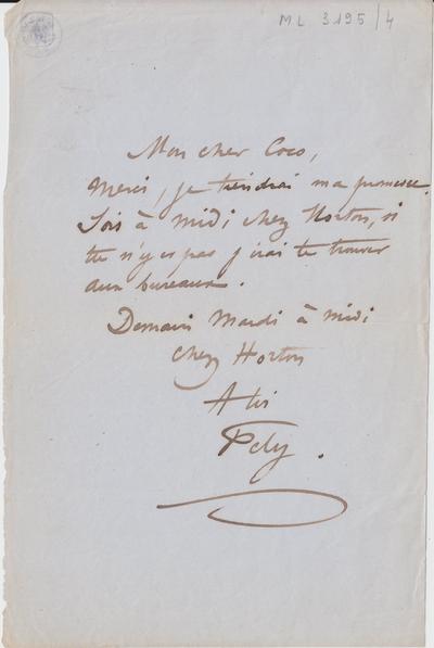 Lettre de Félicien Rops à [Victor] Coco [Hallaux]. s.l., 0000/00/00. Bruxelles, Archives et Musée de la Littérature, ML/03195/0004