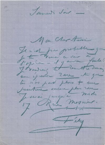Lettre de Félicien Rops à Inconnu. Paris, 0000/00/00. Bruxelles, Archives et Musée de la Littérature, ML/03270/0025
