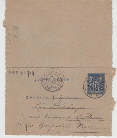 Carte-Lettre de Félicien Rops à Léon Deschamps. Corbeil-Essonnes, 1895/06/04. Paris, Bibliothèque Littéraire Jacques Doucet, MNR/beta/1724
